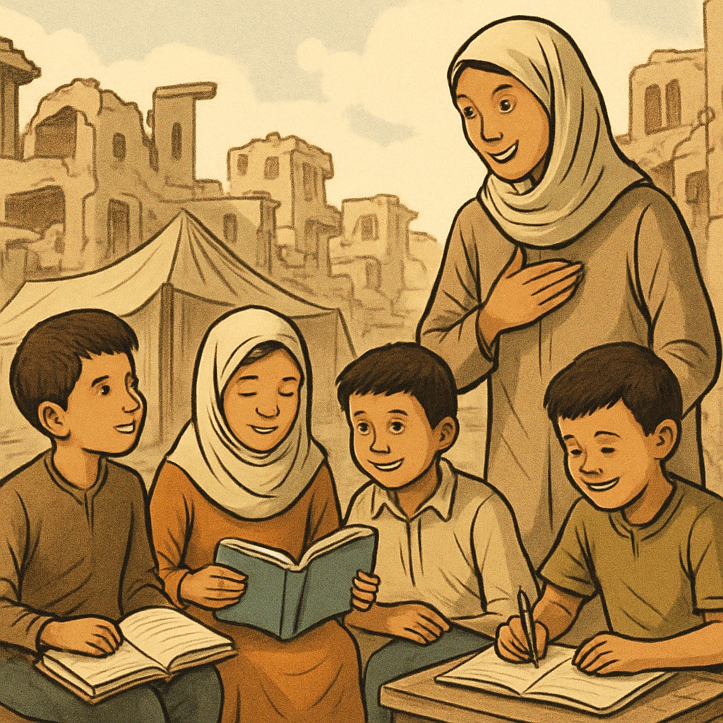 Children affected by war in the Middle East receiving educational support, highlighting Ms. Rachel's humanitarian efforts.
