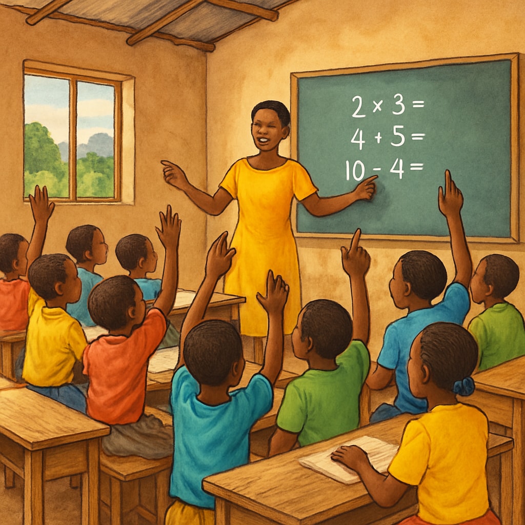 Children in a rural African community attending school, emphasizing the need for expanding humanitarian education globally.