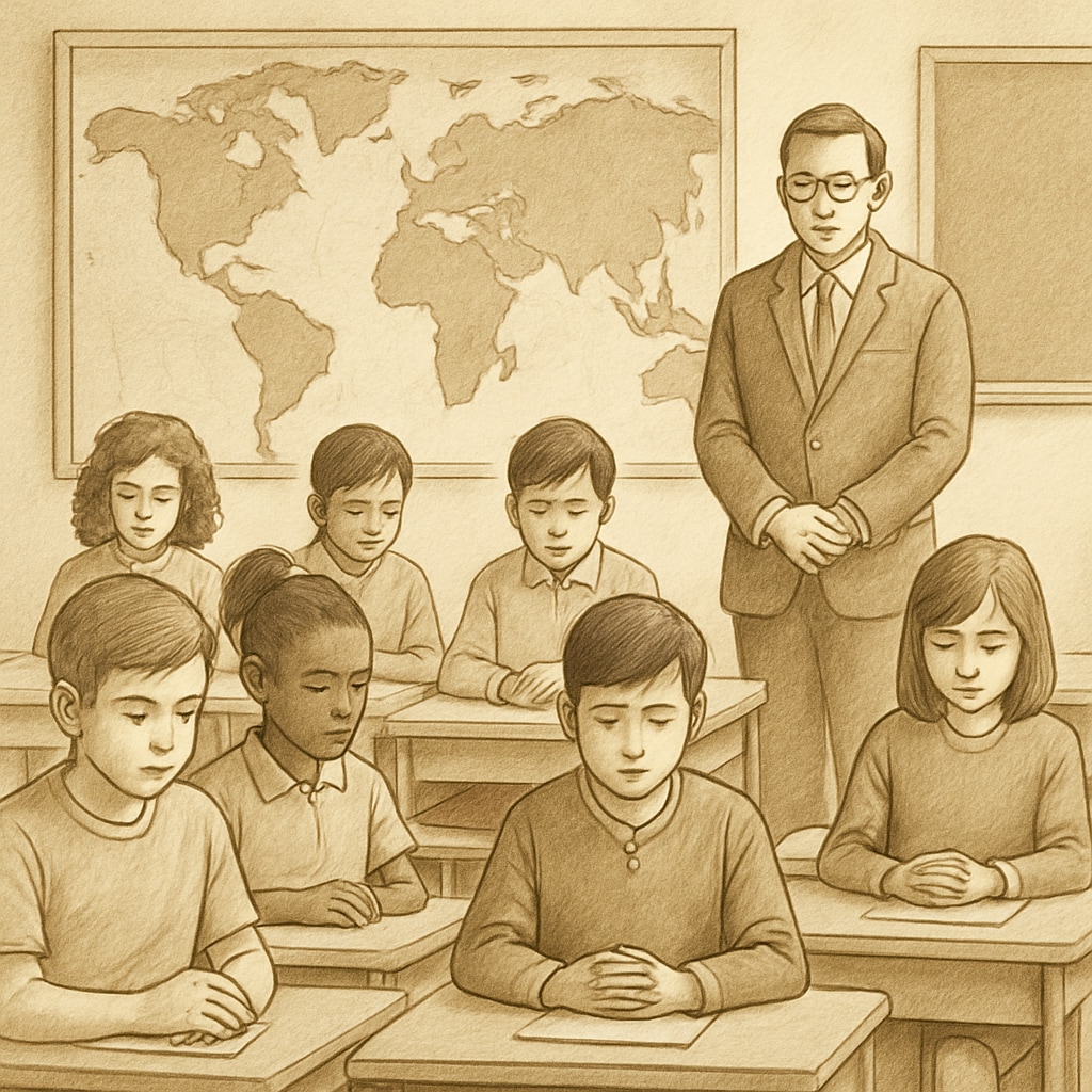 Students in a classroom during a moment of silence for global war victims.