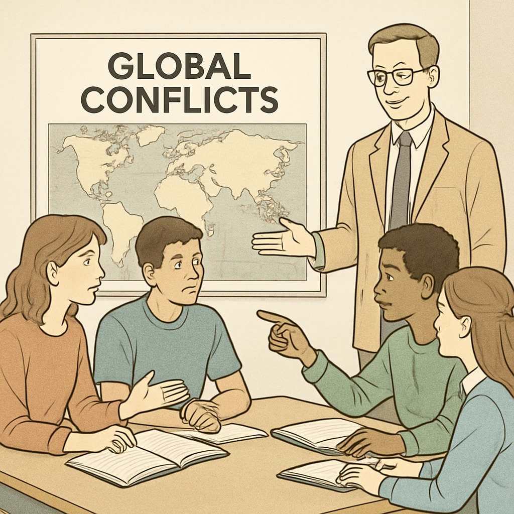 Students discussing global crises, including the Gaza conflict, with a teacher.