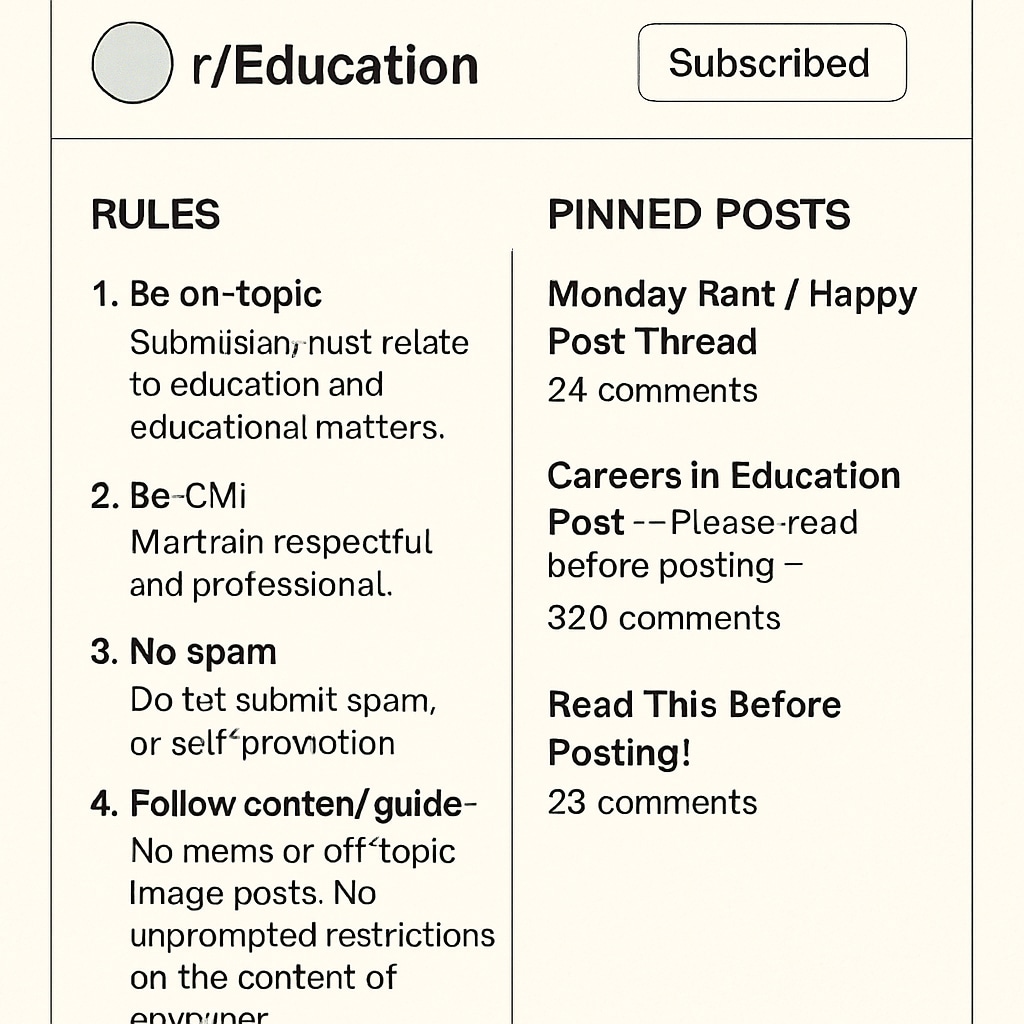 Screenshot of r/Education subreddit rules and pinned posts for community guidelines.