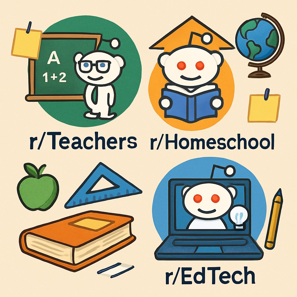 Collage of educational subreddit logos like r/Teachers and r/EdTech.