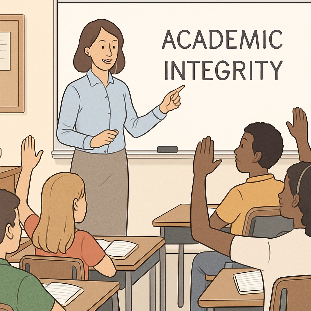 A teacher discussing academic integrity with students in a classroom setting.