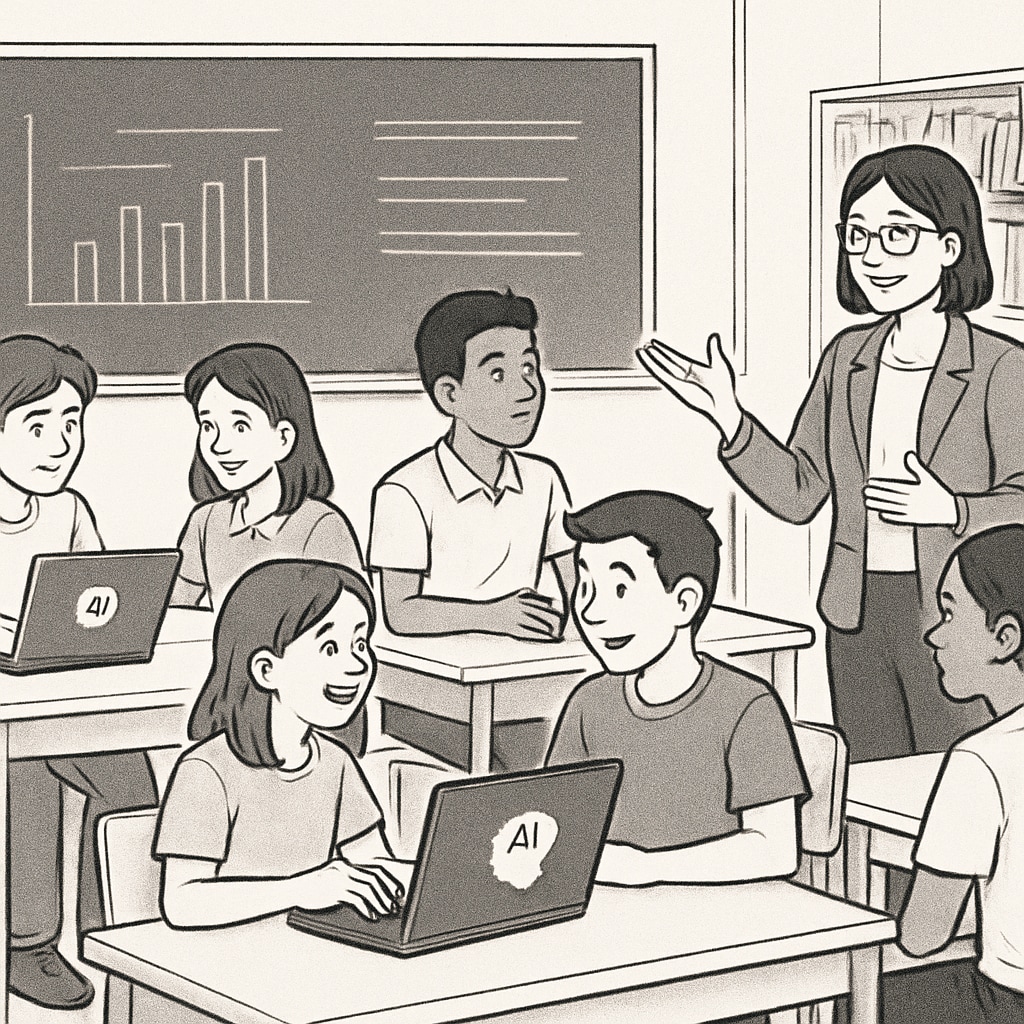 Students in a classroom using laptops for AI-assisted learning while engaging in discussions.