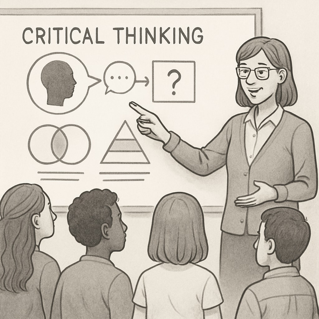 A teacher leading a critical thinking workshop with students analyzing ideas on a whiteboard.