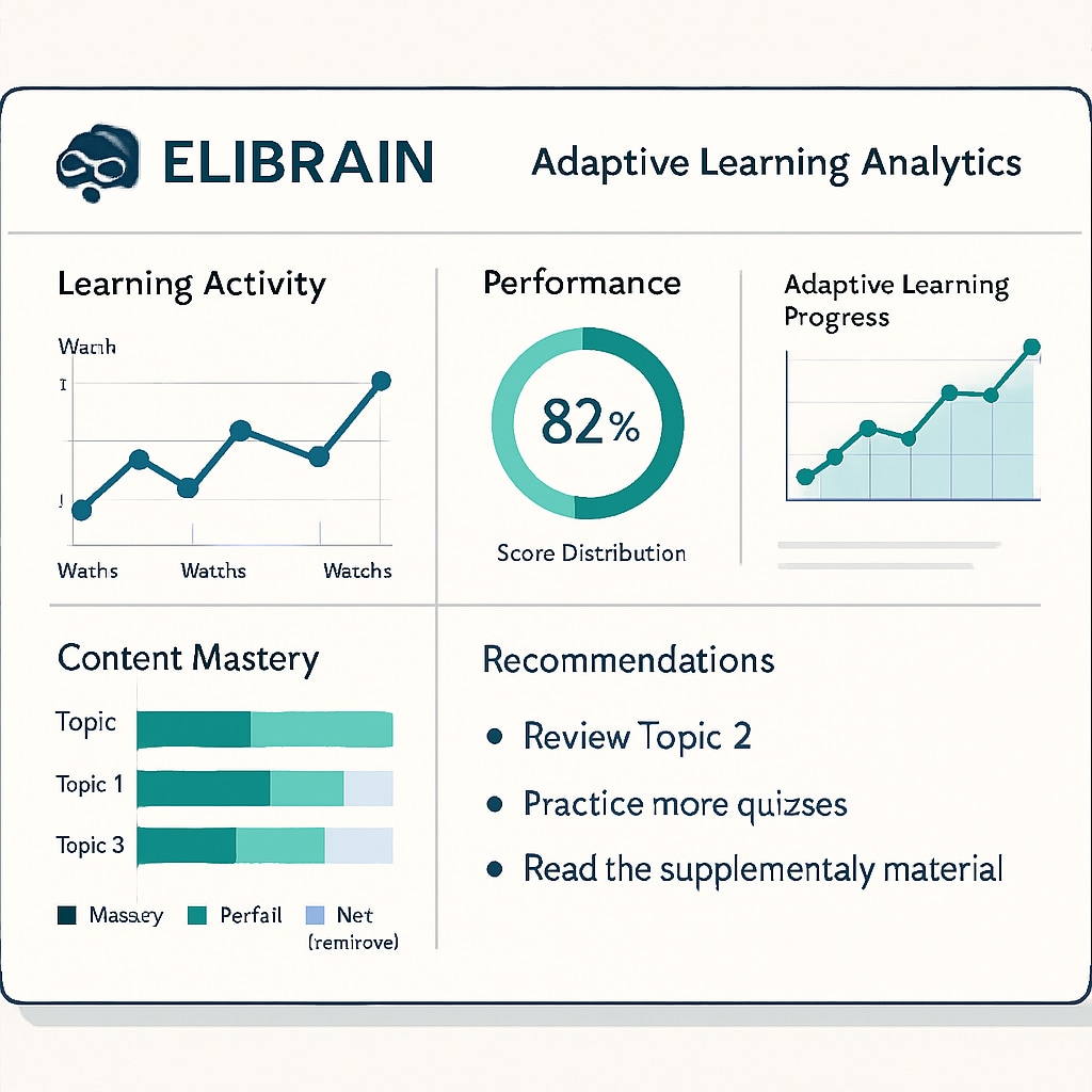 A screenshot of the ELIBRAIN dashboard showing adaptive learning analytics. ELIBRAIN dashboard with adaptive learning analytics features.