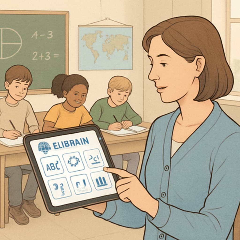 A teacher using ELIBRAIN on a tablet in a classroom setting. Teacher using ELIBRAIN teaching tool on a tablet in the classroom.