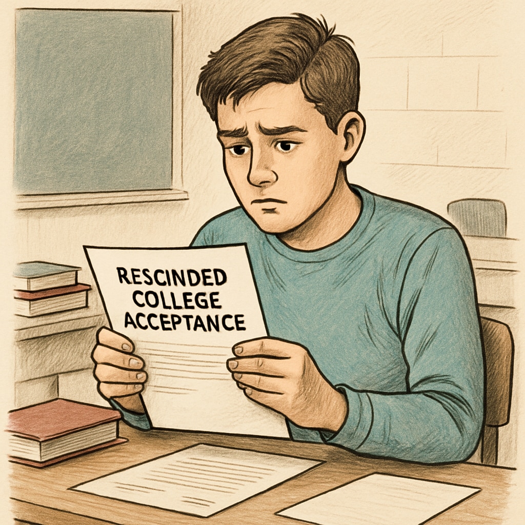 A student receiving a rescinded college admission letter, reflecting the consequences of dishonesty.