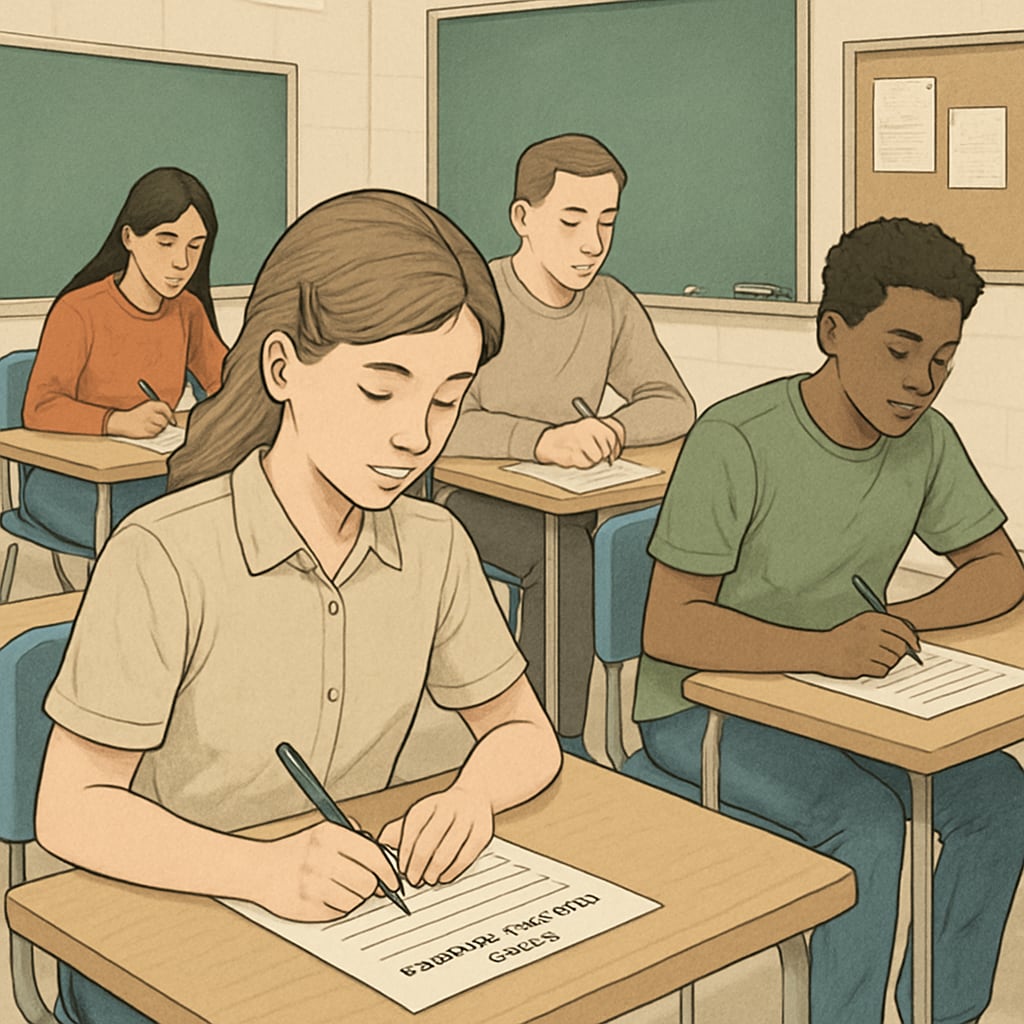 Students completing anonymous education surveys in school.