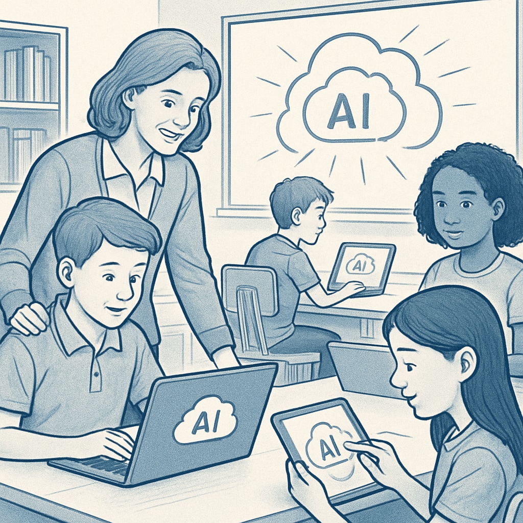 A teacher and students using artificial intelligence tools in a collaborative learning environment.