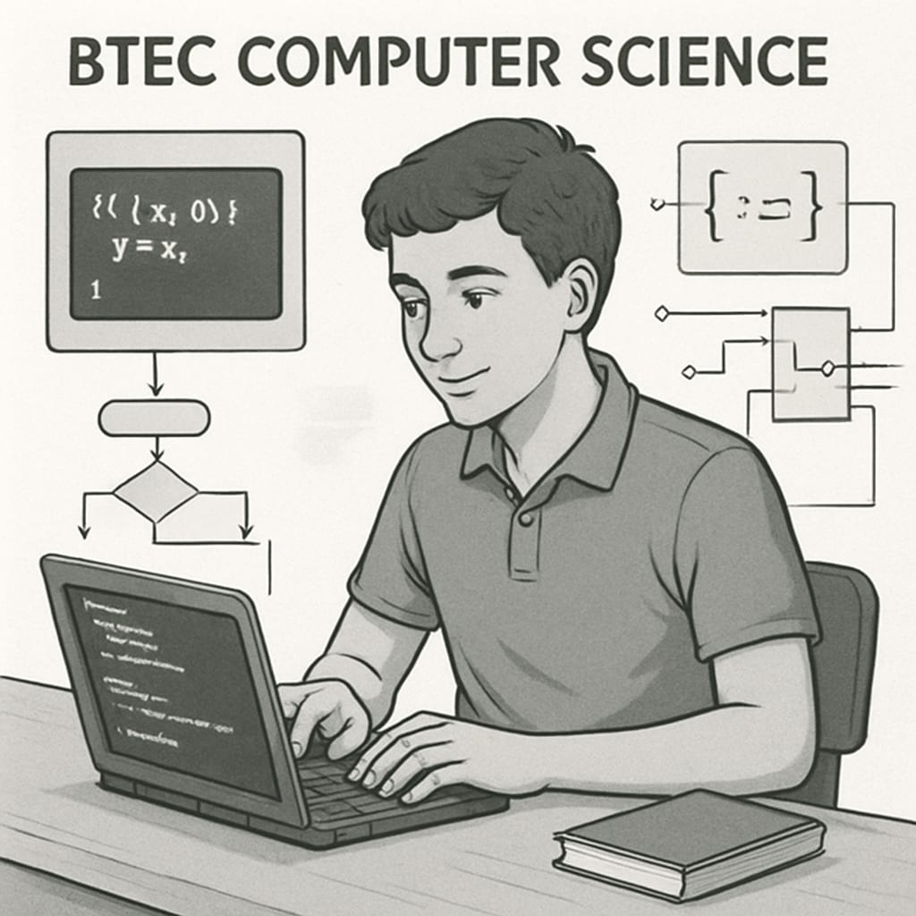 Hands-on learning in BTEC Computer Science featuring a student coding.