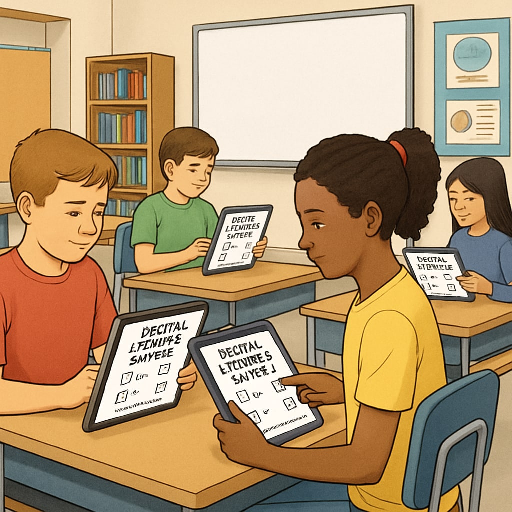 Students using tablets for a digital literacy survey in a K12 classroom