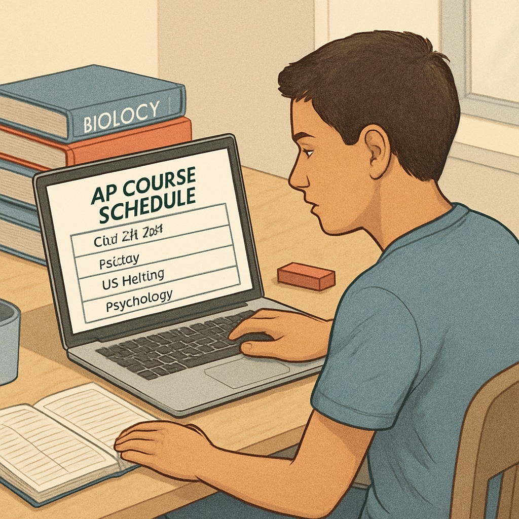 High school student planning AP courses with textbooks and a laptop.