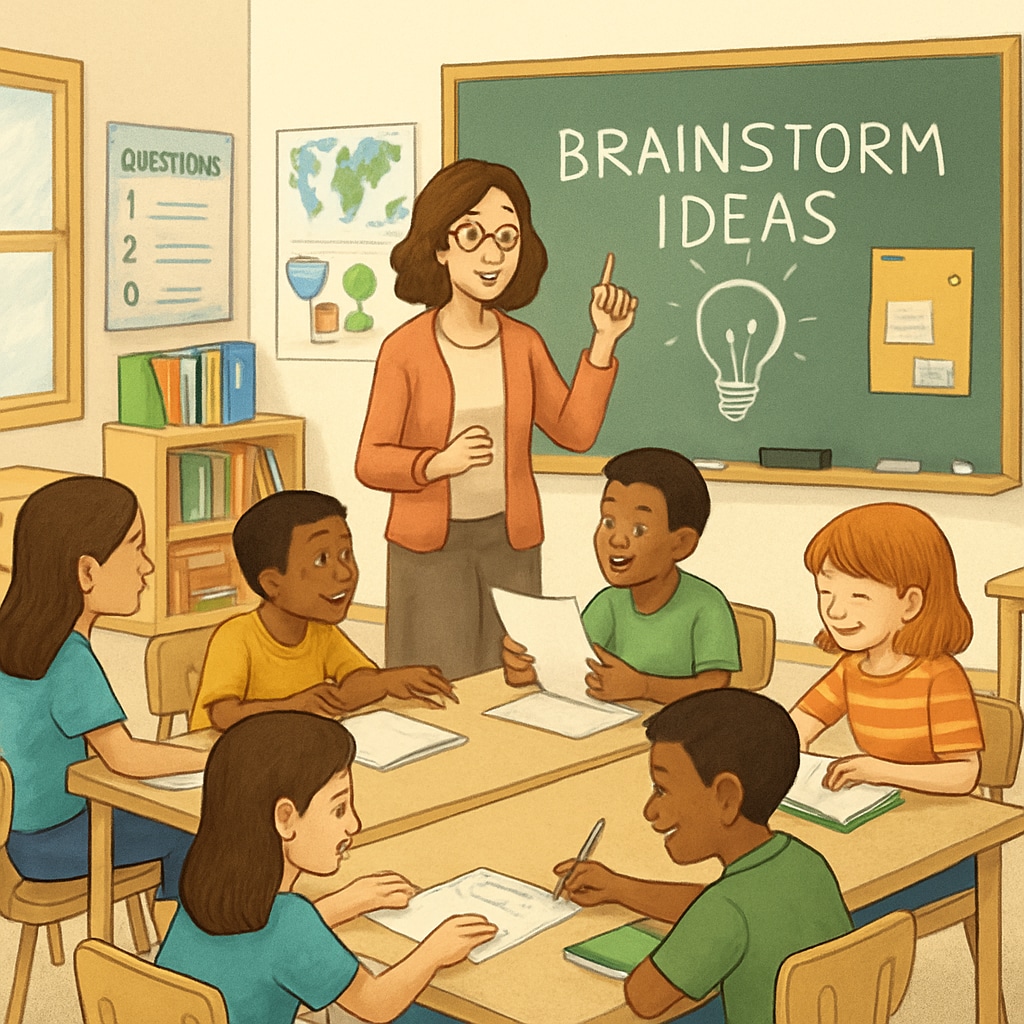 Students and teacher brainstorming research questions in a classroom setting.