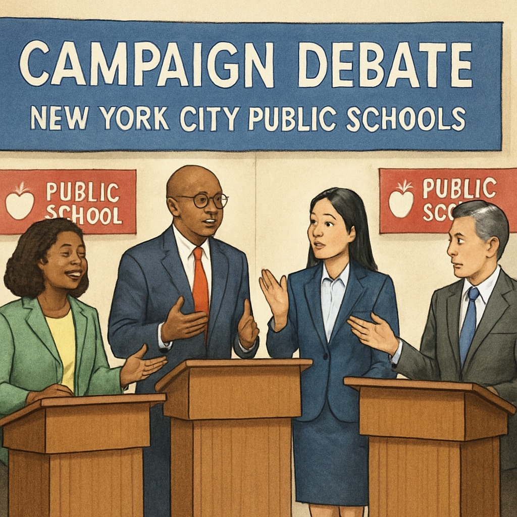A campaign debate featuring candidates discussing New York City public school policies. Mayoral candidates debating education policies in New York City.