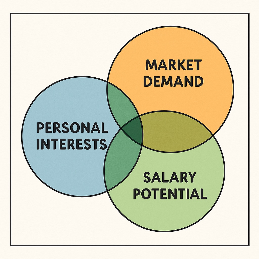 Graphic showcasing the intersection of interests, market demand, and salaries.