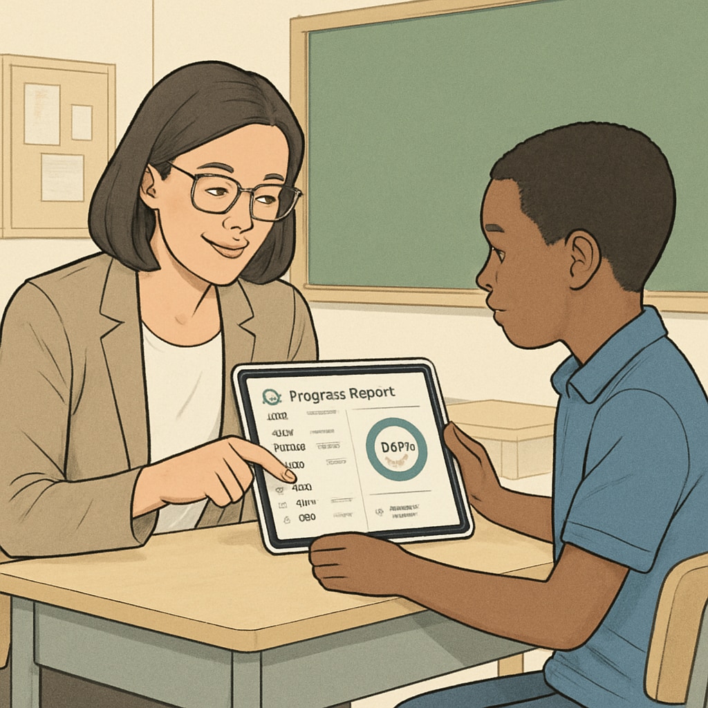 Teacher and student analyzing AI-generated progress tracking reports in education.