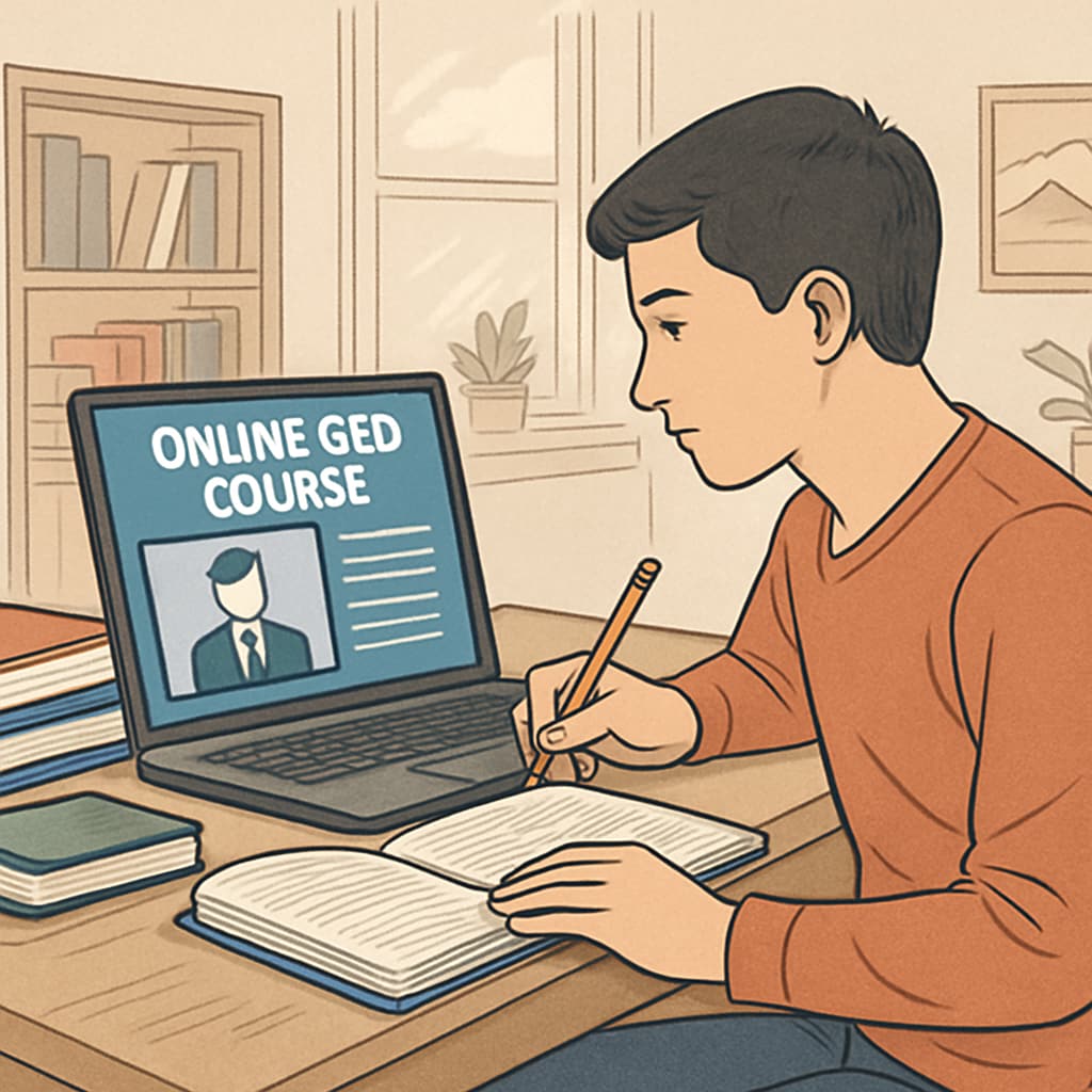 Student studying GED online course on a laptop at home