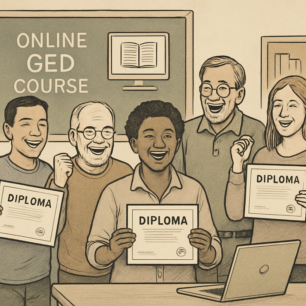 Diverse adult learners celebrating GED course completion online