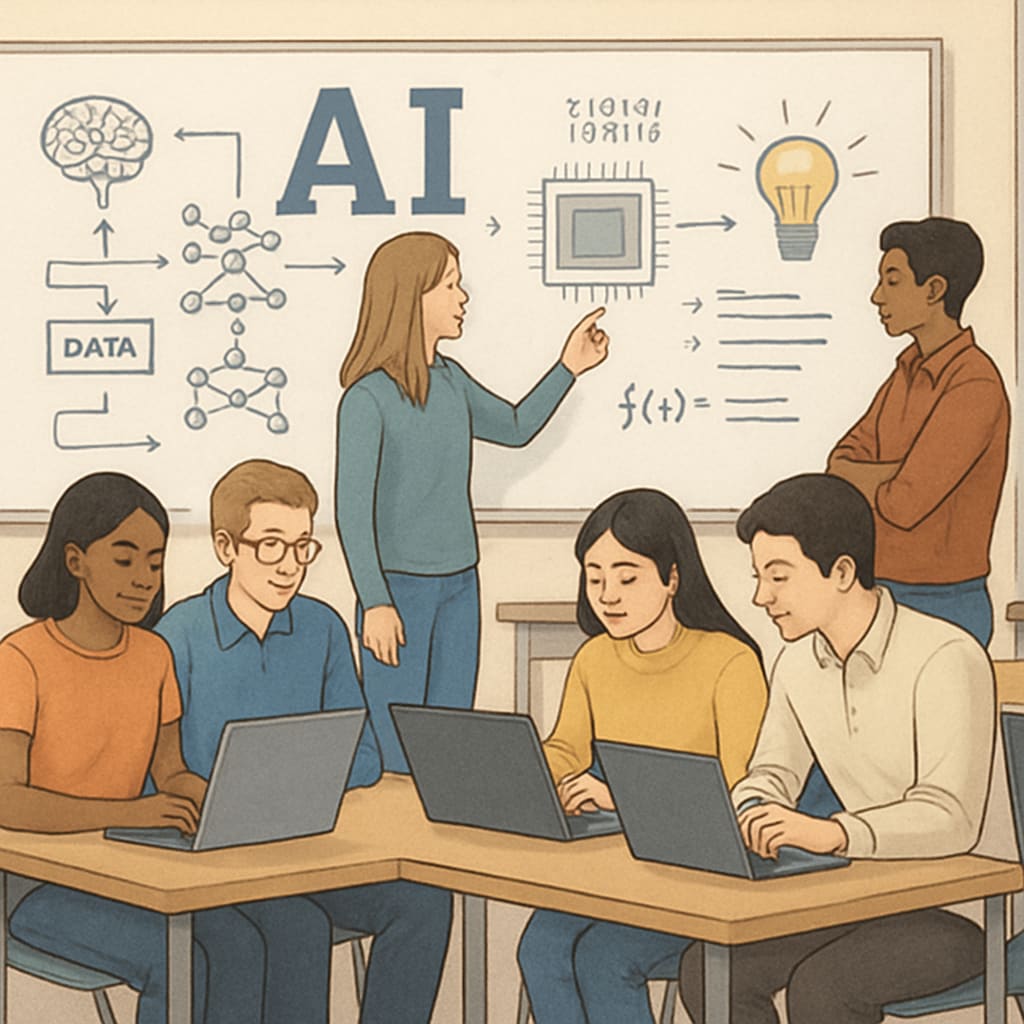 A classroom of undergraduates working collaboratively on AI projects with laptops and whiteboards. Students working on AI projects in a collaborative learning environment.