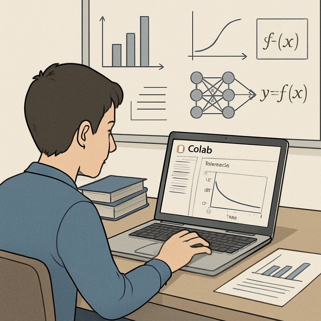 A student working on a laptop with Google Colab open, analyzing a machine learning model. Student using Google Colab for resource-efficient AI project.