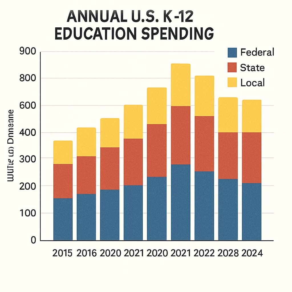 A bar chart showing annual U.S. K-12 education spending trends from 2015 to 2024, highlighting changes in federal, state, and local contributions. Bar chart depicting trends in K-12 education funding, focusing on spending patterns in the U.S.