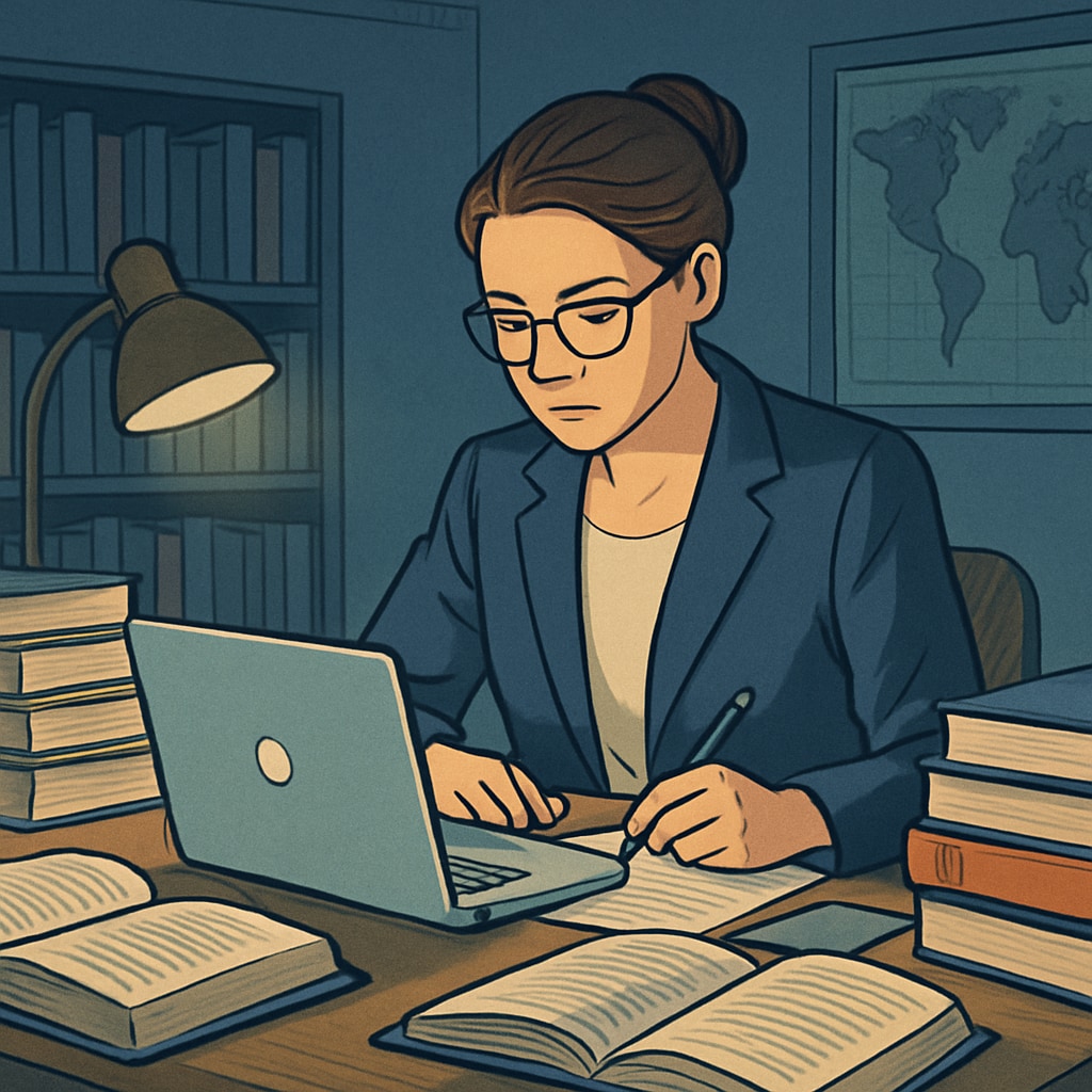A stressed teacher working late at night on academic research, surrounded by stacks of books and a laptop. A teacher overwhelmed with academic publishing quotas and unpaid research pressure.