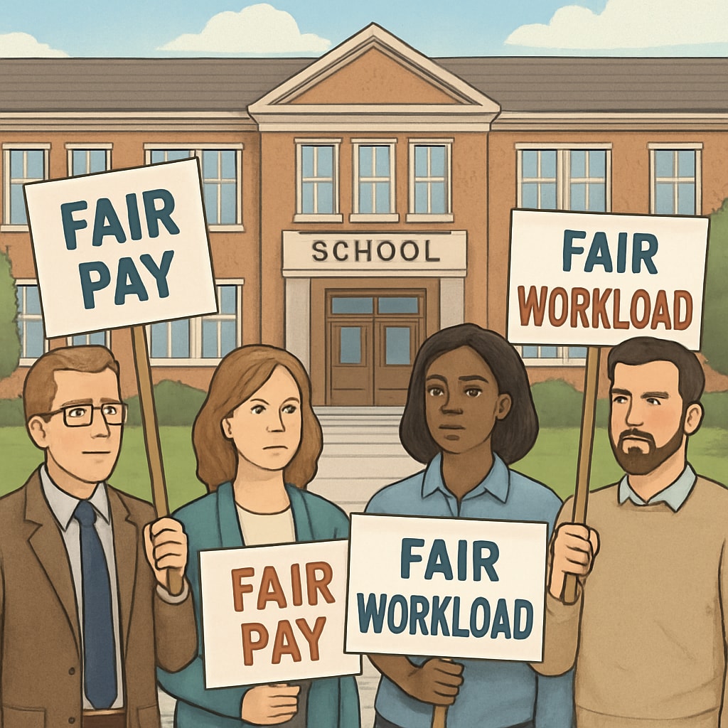 A group of teachers protesting outside a school, holding signs about fair pay and workload distribution. Teachers advocating for fair pay and workload reforms in K12 education.
