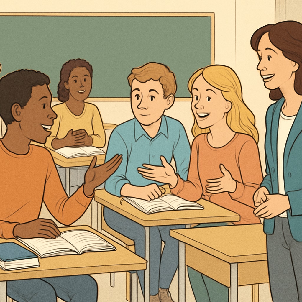 Students discussing topics in a classroom setting, symbolizing post-class reflection and motivation theory.