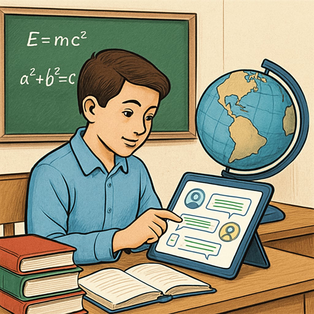 A student engaged in an online learning platform, representing technology-driven post-class dialogue.