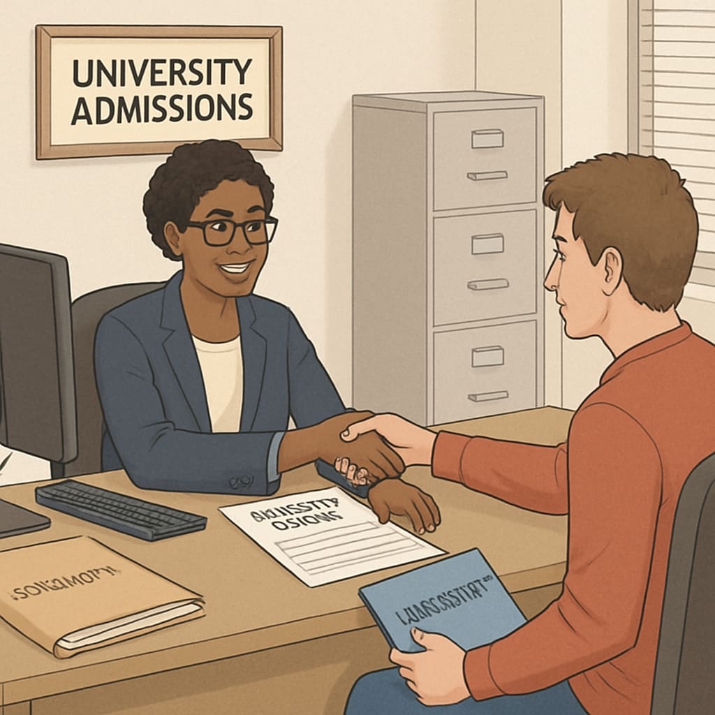 University admissions office helping with credit transfer paperwork