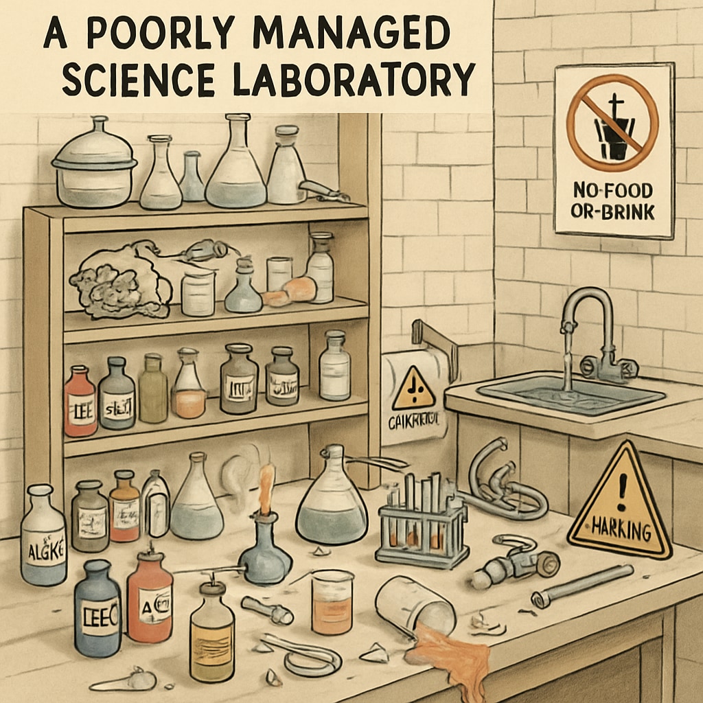 A photo of a poorly managed school science lab with cluttered shelves and unsafe chemical storage. Poorly managed school science lab highlighting risks to safety and education standards.