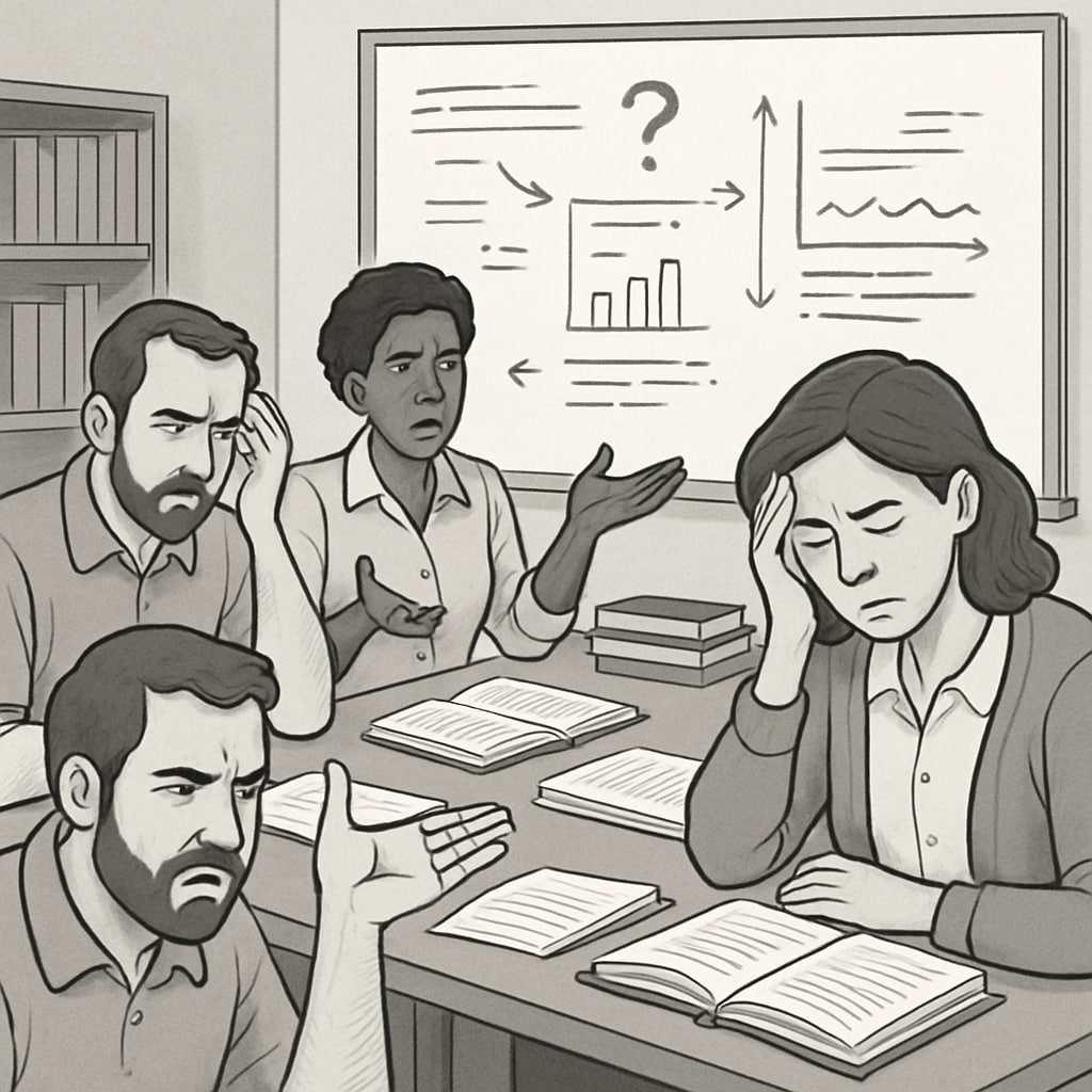 A meeting room with frustrated teachers discussing issues with unclear academic policies. Teachers expressing frustration over ineffective academic leadership in a meeting.