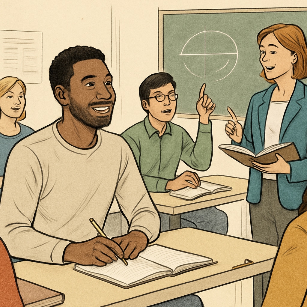 Adult student in classroom setting with peers and instructors