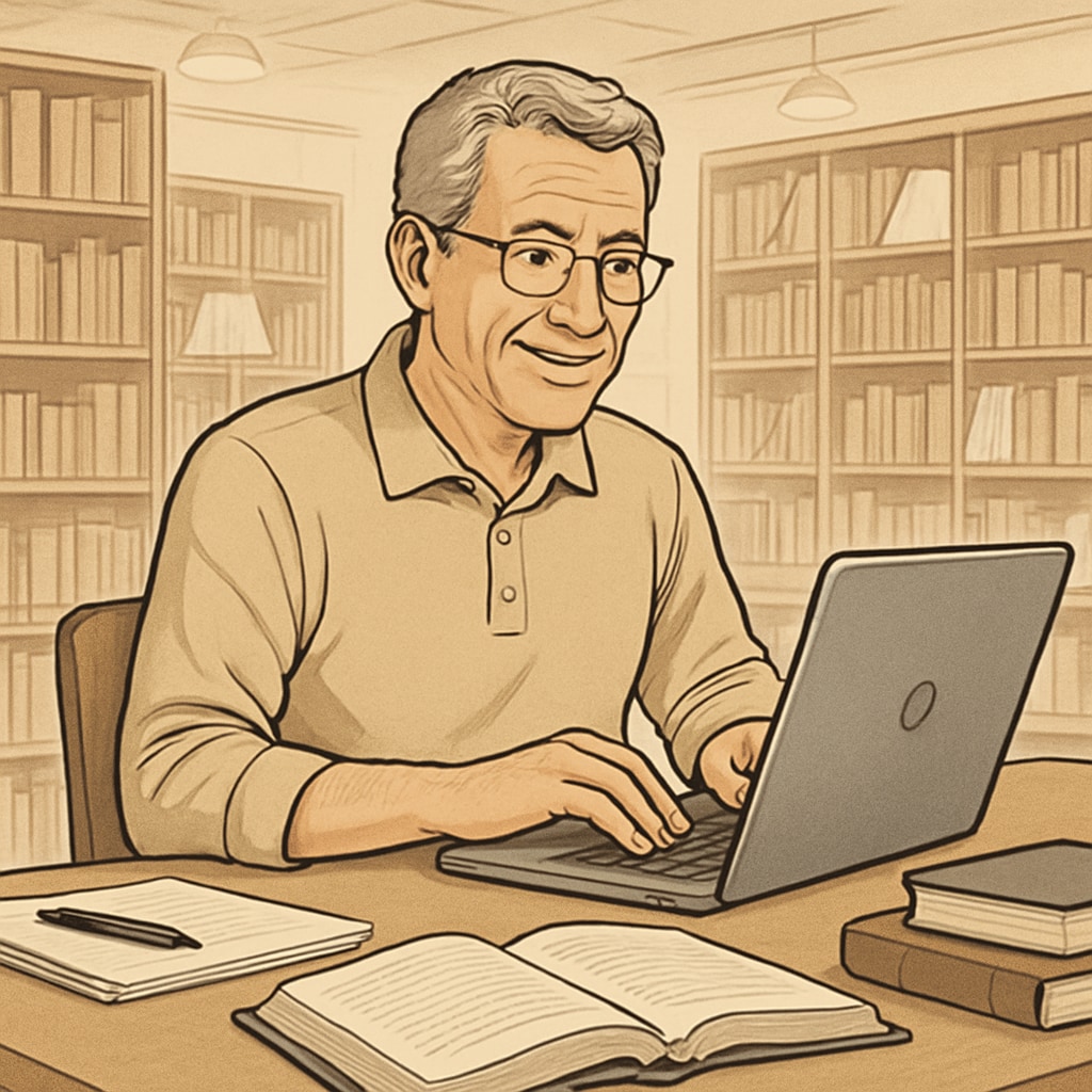 Older student using laptop in university library