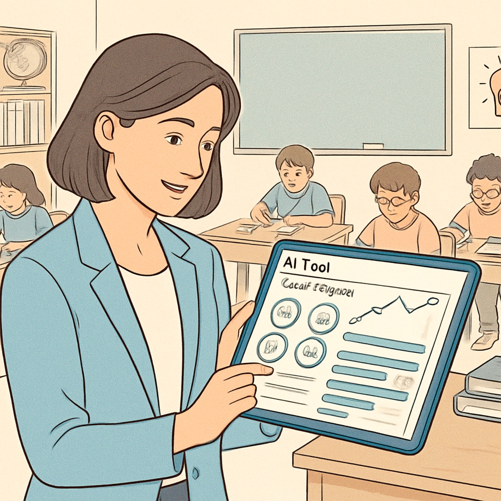 AI-powered tool in education, showing student progress in a classroom.
