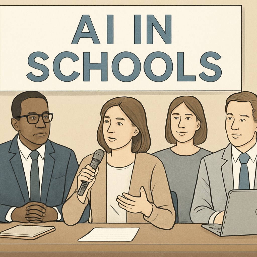 Parent discussing AI in schools during a public forum.