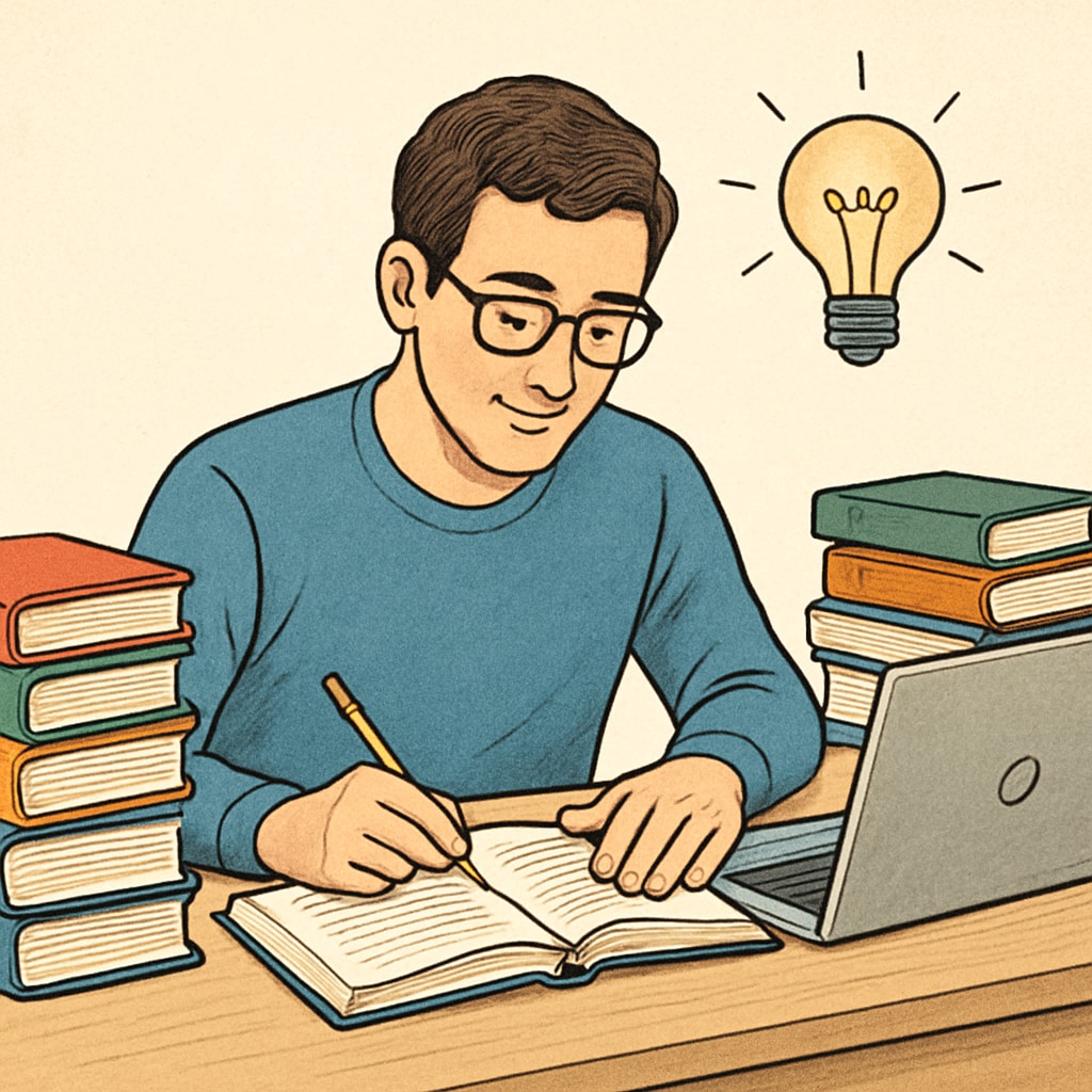 Adult learner studying with books and laptop, addressing education gaps and foundational knowledge.