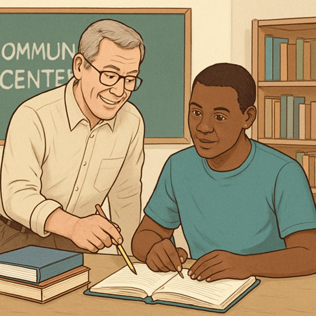 Mentor helping an adult learner regain confidence in learning.
