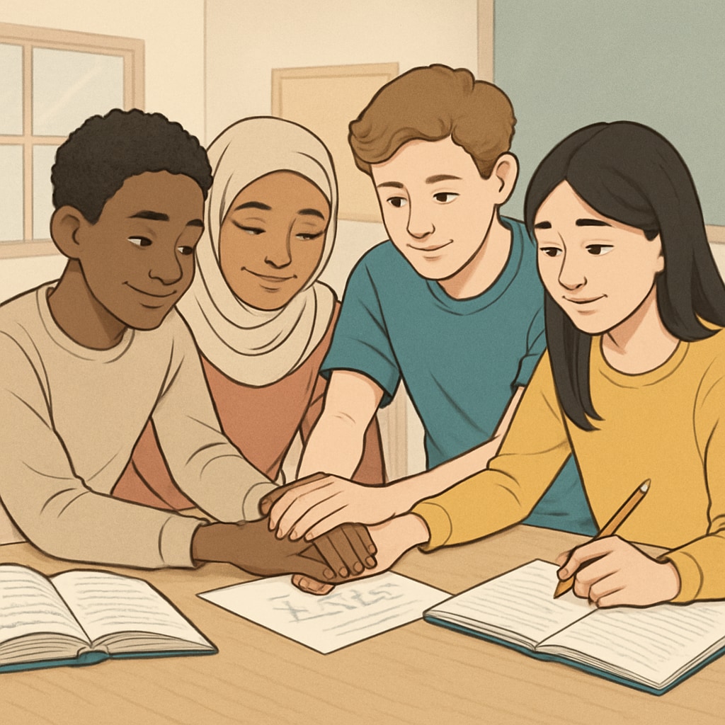 Diverse students engaging in a team-building exercise to promote empathy