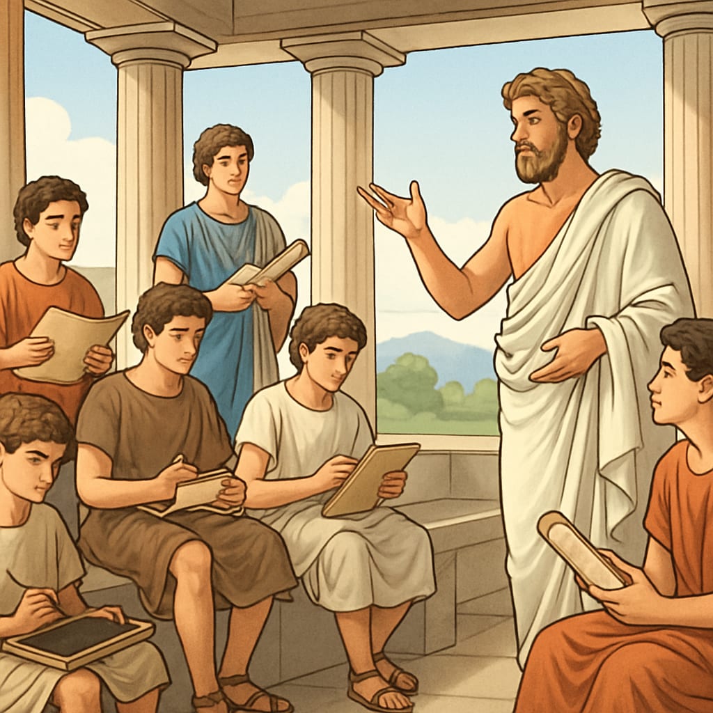 Classical education in ancient Greece with students learning philosophy and rhetoric.