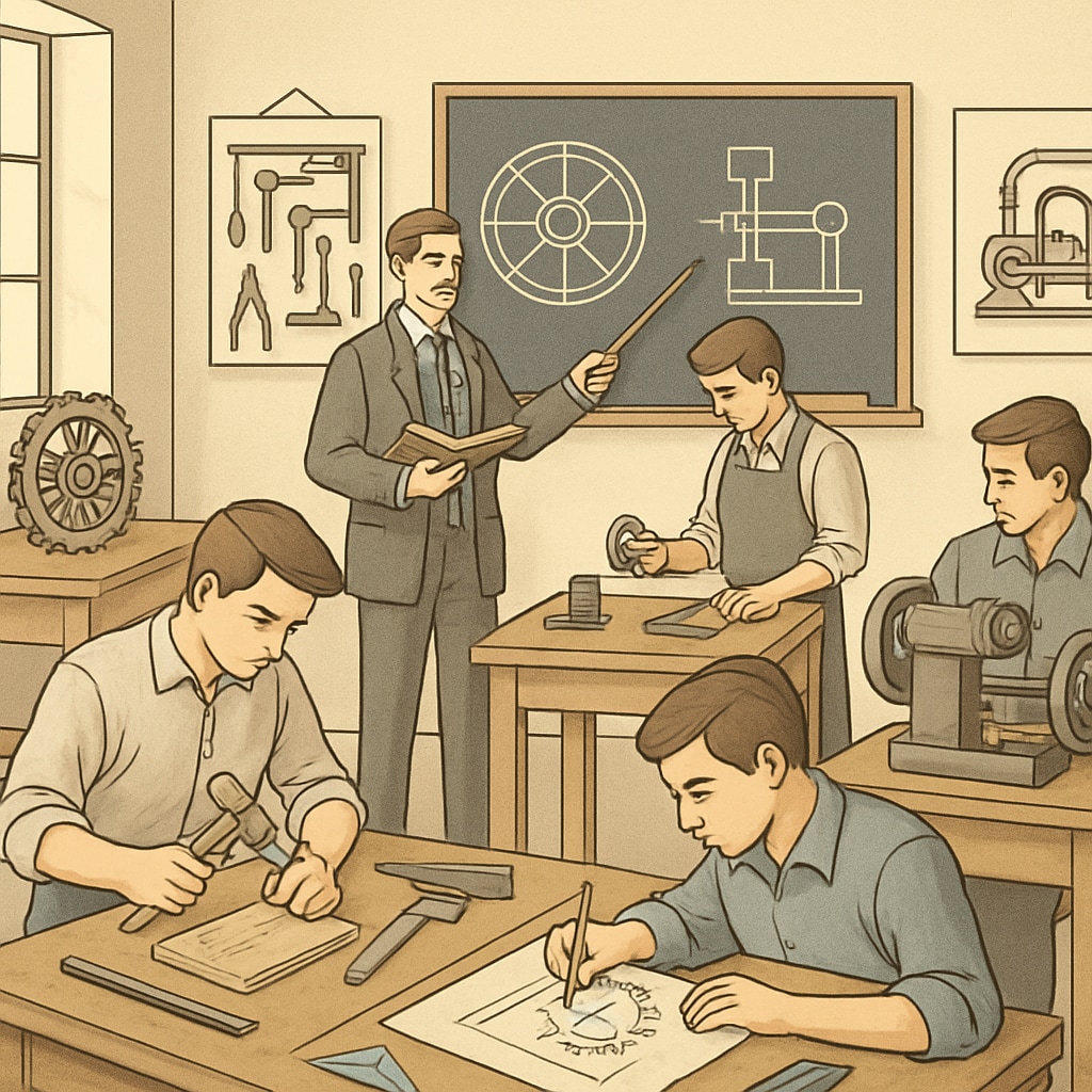 Early industrial classroom showing a shift toward technical and vocational education.