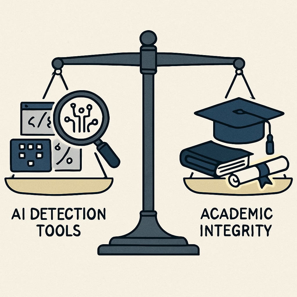 A graphic illustrating the balance between AI detection tools and academic integrity.