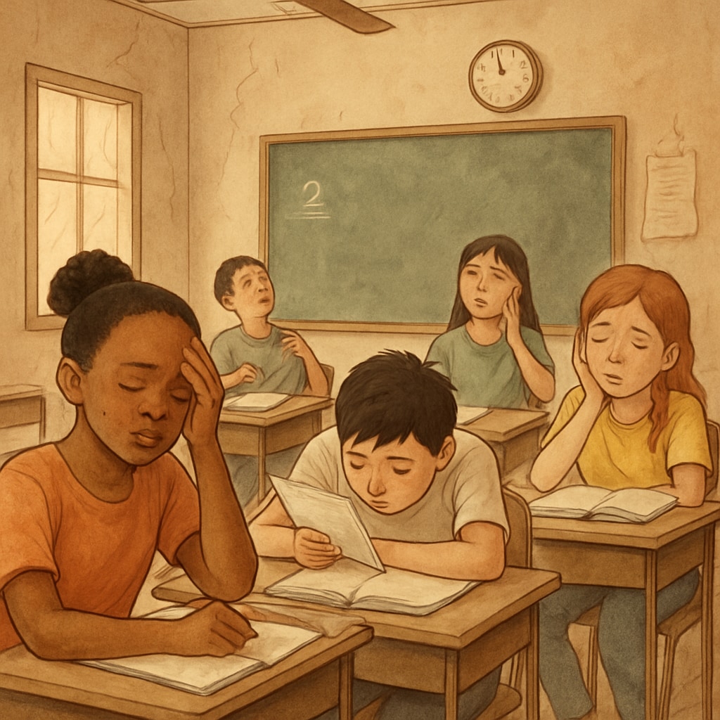 Students in a hot classroom from a marginalized community experiencing climate inequality.