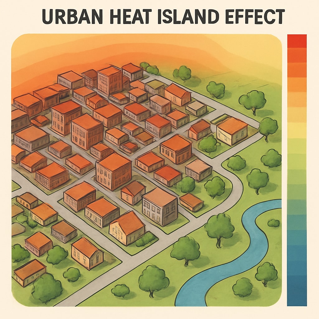 Urban heat island effect shown in a city with limited green spaces, impacting marginalized communities.