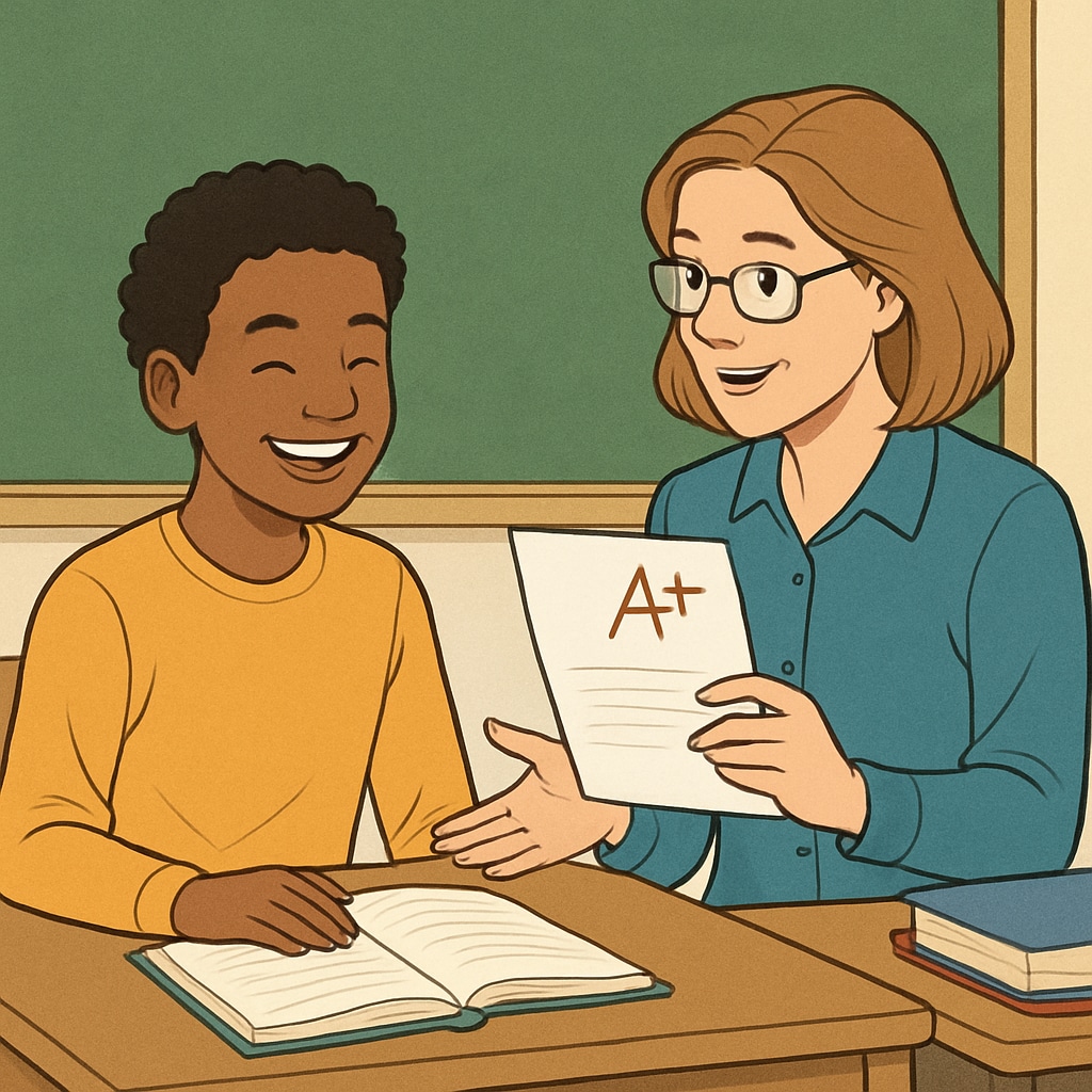 A teacher providing positive feedback to a student in a supportive classroom.