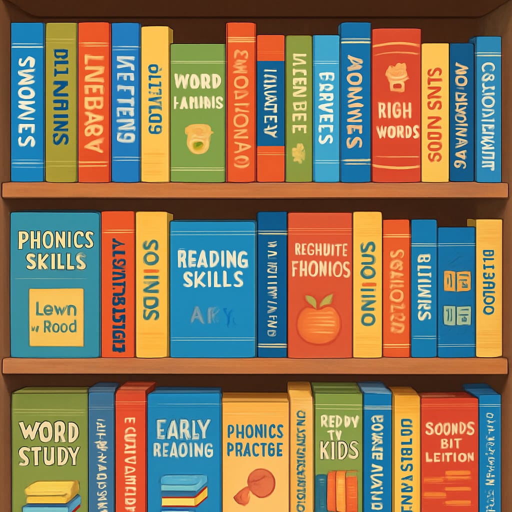 Bookshelf showcasing phonics materials and resources for evidence-based reading instruction.