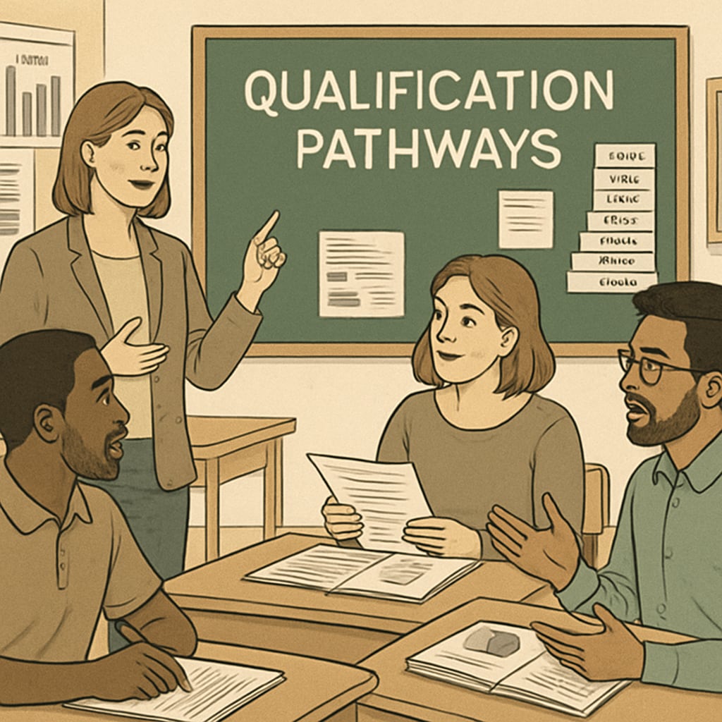 A classroom with adult learners engaged in a discussion about qualification pathways in the UK education system. Adult learners discussing qualification pathways in the UK education system.