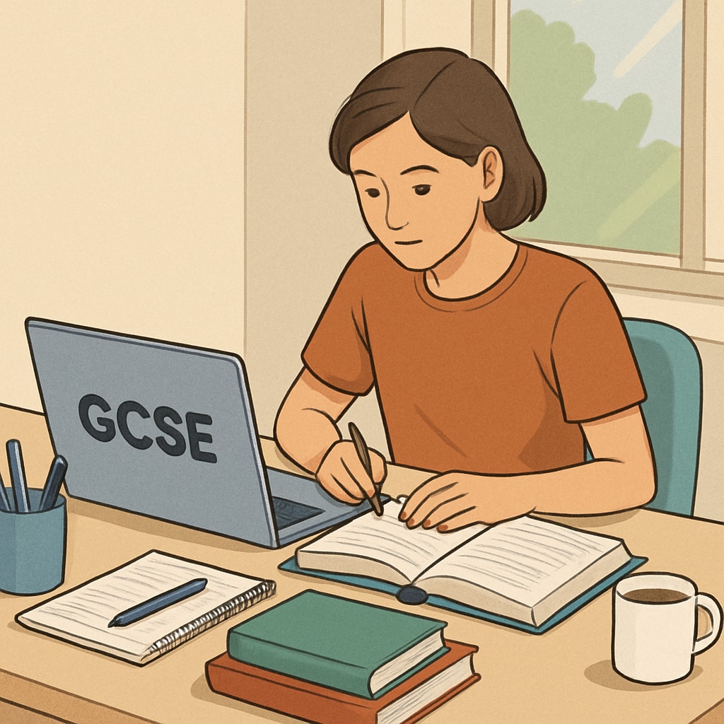 An image depicting a student using online resources to prepare for GCSE exams. A student using online resources to prepare for GCSE exams in the UK education system.