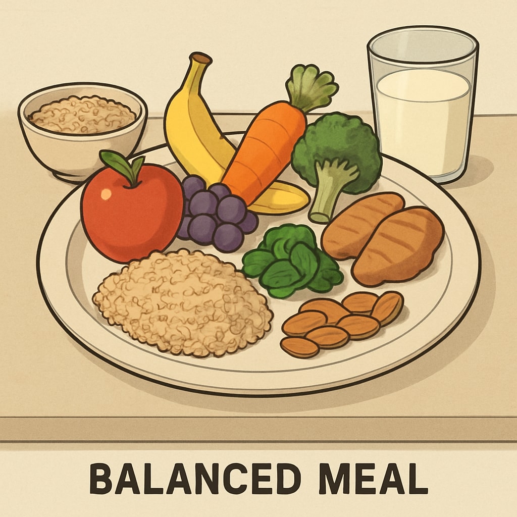 A nutritious meal with vegetables and proteins, emphasizing healthy eating for students.
